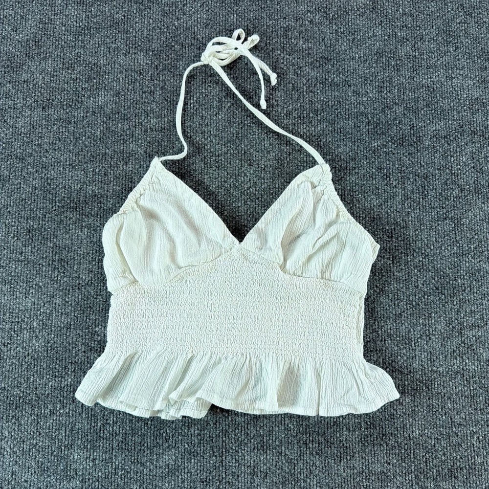 LA Hearts Women White Smocked Halter Crop Top Ruffle Hem Boho Size S